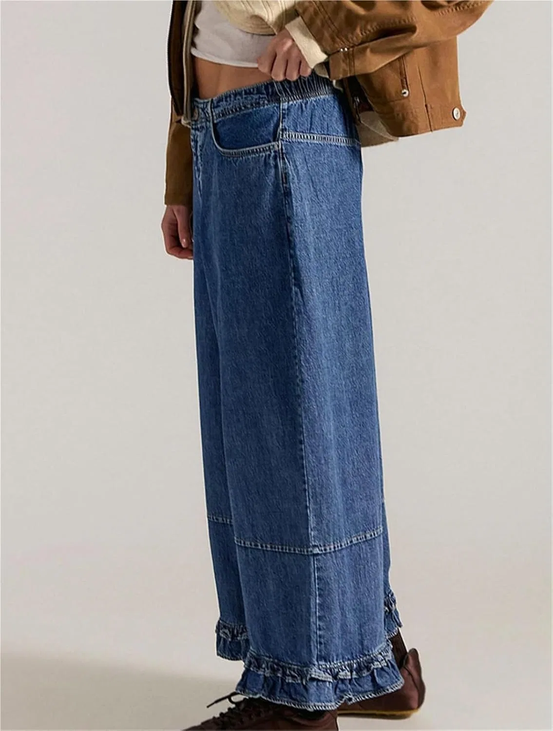 Джинсы с рюшами, широкие, High Waisted Elastic Denim Pants with Pockets, Dark Blue — фото 3