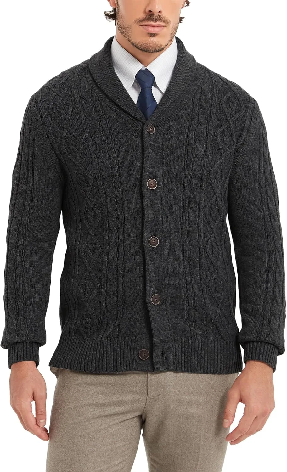 

Мужской кардиган Kallspin из шерстяной смеси с косой вязкой и воротником-шалью