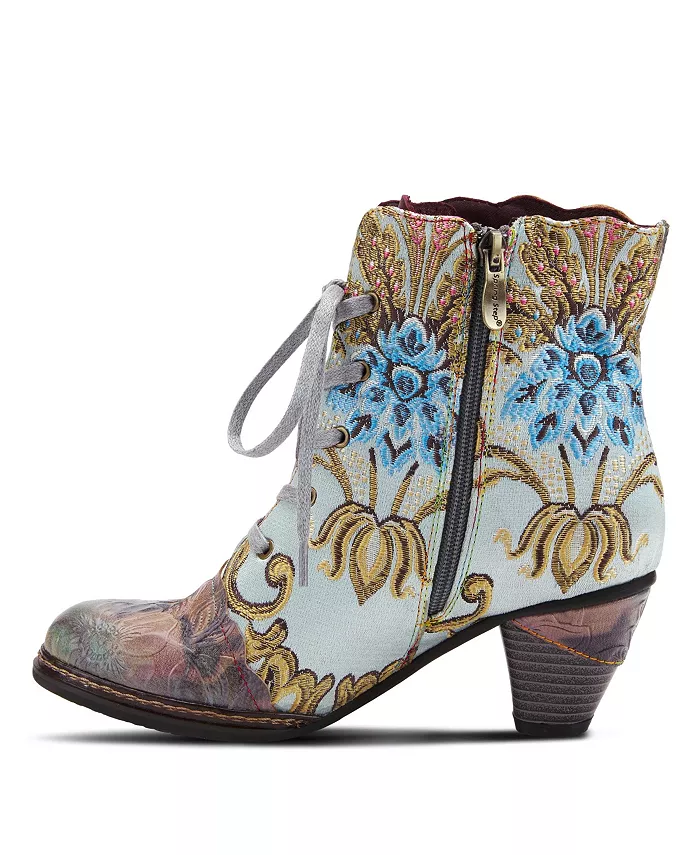 L’Artiste Women’s SIREN вышитые цветочные ботильоны на шнуровке с тисненой кожей, фигурным кантом и коническим каблуком L'Artiste, зеленый — фото 3