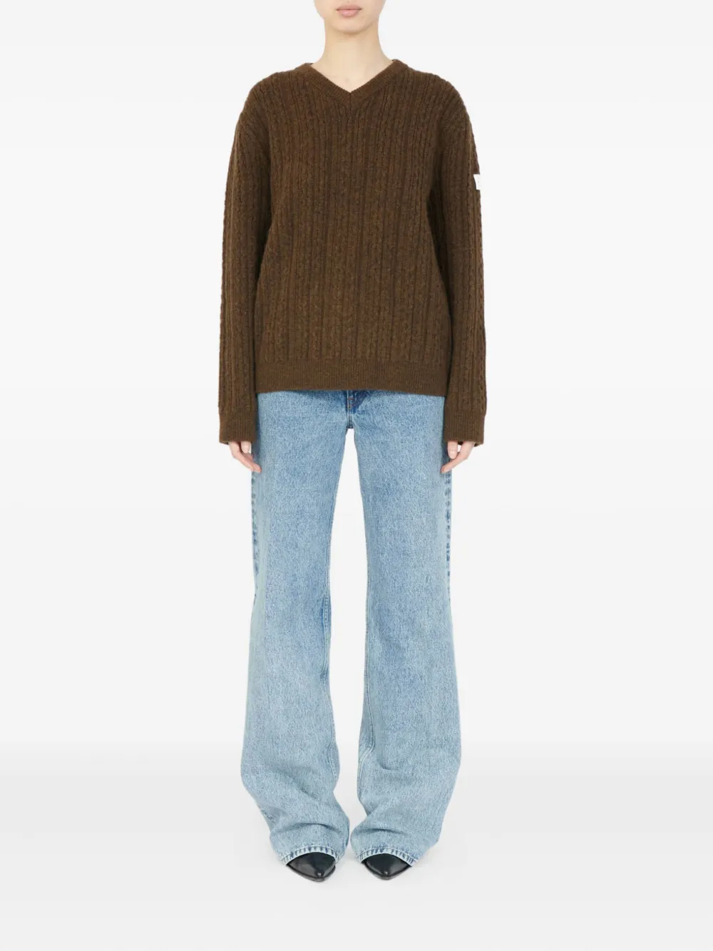 Свитер в рубчик с V-образным вырезом MM6 Maison Margiela, коричневый — фото 2