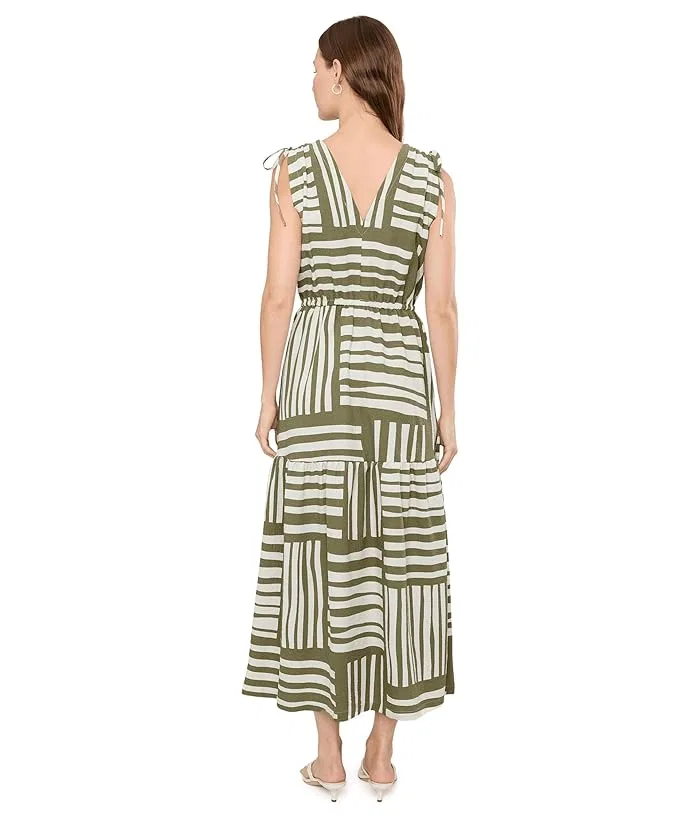 Платье миди с V-образным вырезом Sleeveless V-Neck Striped Gauze Midi Calvin Klein, Light Olive/Cream — фото 4