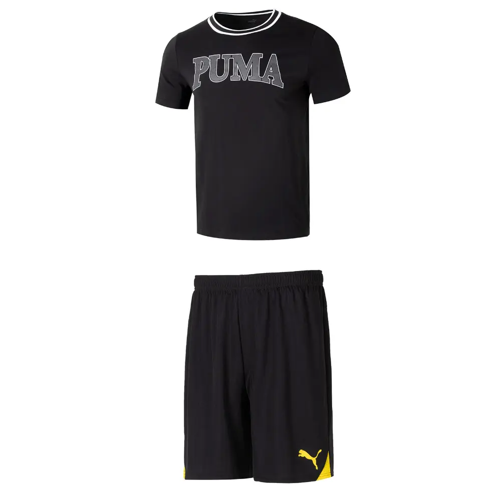 

Повседневный спортивный мужской комплект: черный топ + черно-желтые шорты Puma, черный