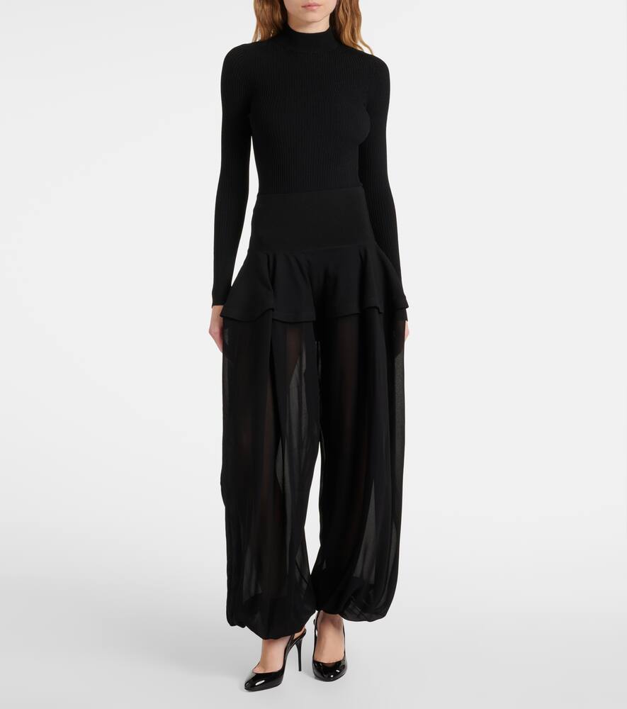 Женские брюки с баской из жоржета с широкими штанинами Alaïa, Noir Alaia — фото 2