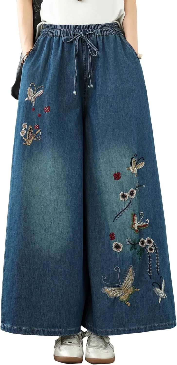 

LAI MENG FIVE CATS Женские мешковатые джинсы с вышивкой на поясе-шнурке