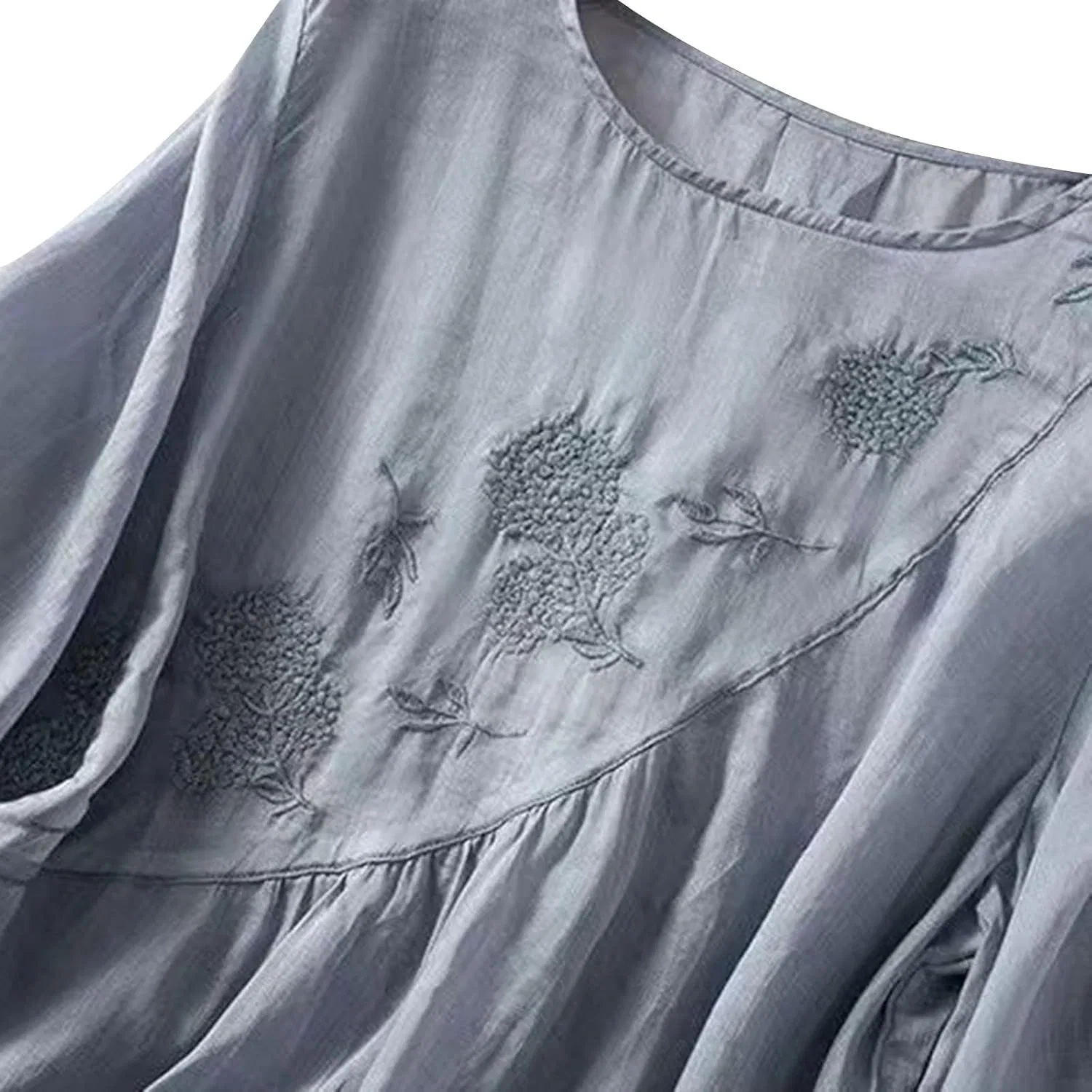 Блуза свободного кроя, Women's T-shirt, Half Sleeve, Cotton Linen, Stylish, Top Blouse, Solid, Loose Fit, Casual, Simple, Linen Shirt, Round Neck, Thin, Large Size, Cute, Top, Embroidery, Floral Pattern, Beautiful, синий — фото 4
