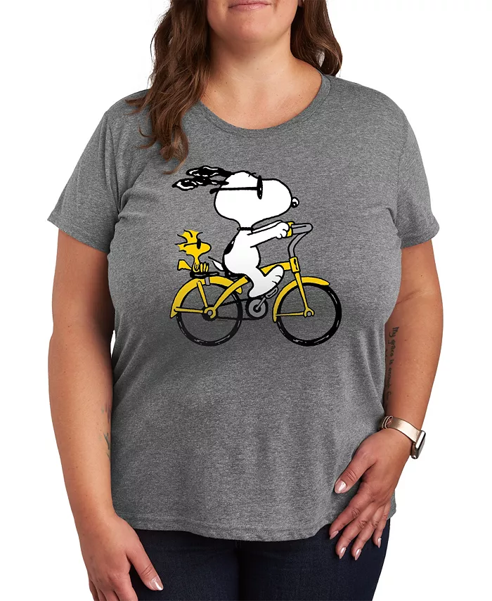 

Модная футболка с круглым вырезом и принтом Snoopy на велосипеде Peanuts, plus size Hybrid Apparel, серый