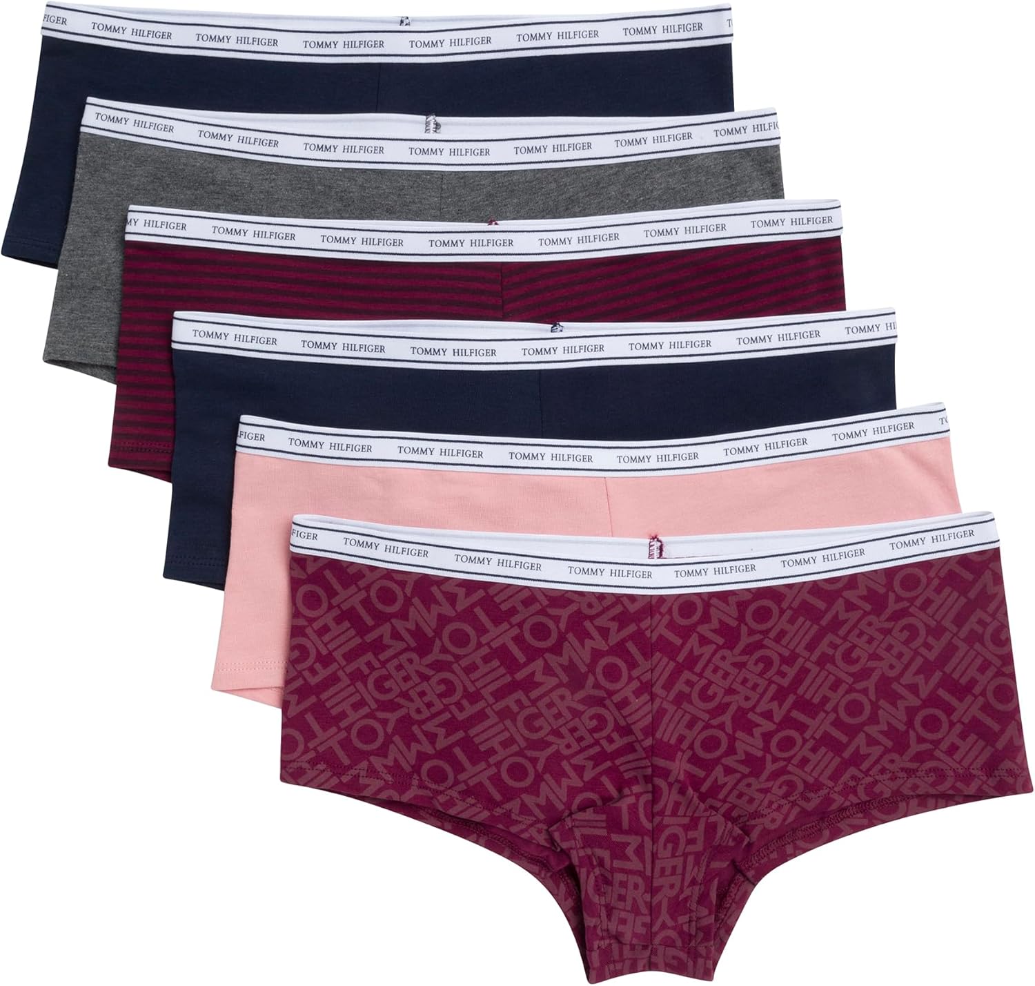 

Женские классические хлопковые трусы-шорты Tommy Hilfiger с логотипом на поясе, упаковка 6 пар, Th Diagonal Windsor Wine/Bridal Rose/Sky Captain/Charcoal Heather Grey/Sky Captain/Stripe Windsor Wine