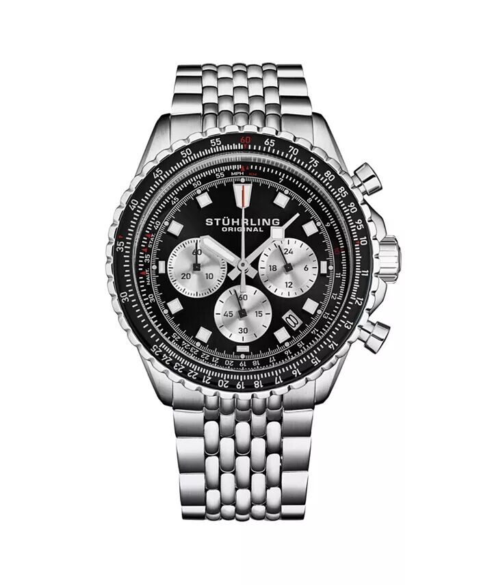 

Мужские часы с японским механизмом Chrono, серебряный корпус из нержавеющей стали, зеленый циферблат, черный/розовый безель, браслет из нержавеющей стали с бисером Stuhrling, черный
