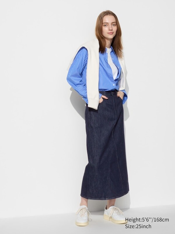 

Длинная юбка с джинсовой вставкой Uniqlo, синий
