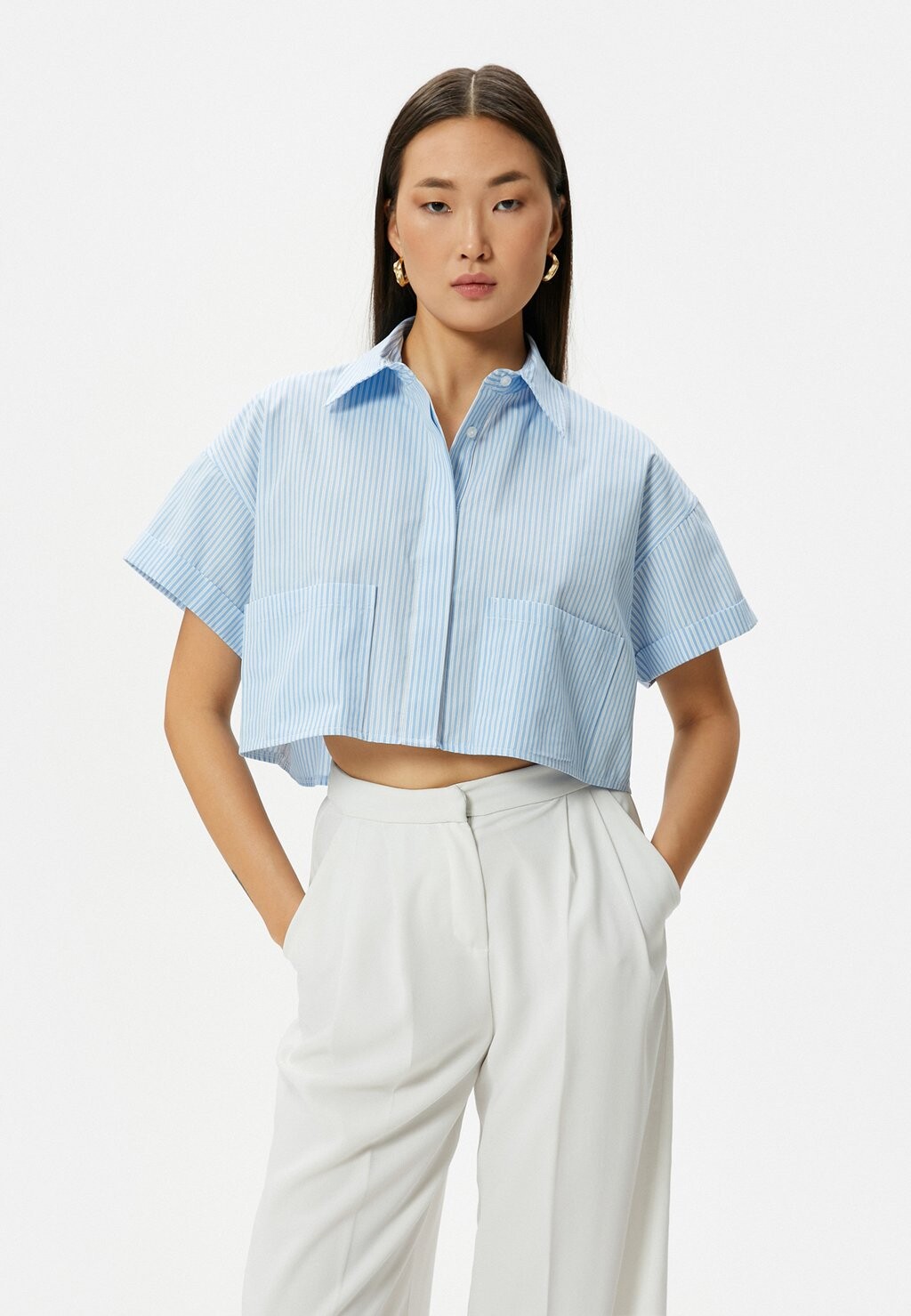 

Блузка на пуговицах POCKET DETAIL SHORT SLEEVE CROP Koton, синий