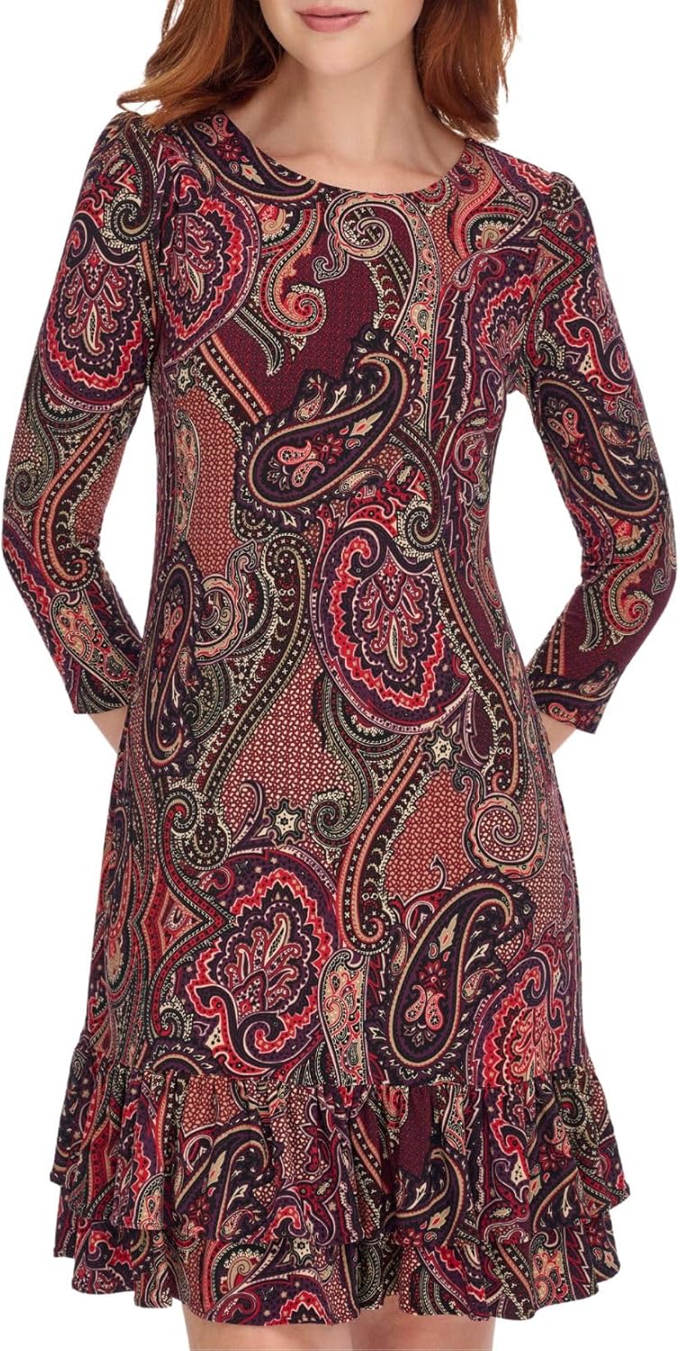 

Женское трикотажное мини-платье Tommy Hilfiger с рукавами 3/4, высоким воротом и оборками, Aubergine/Chili Pepper