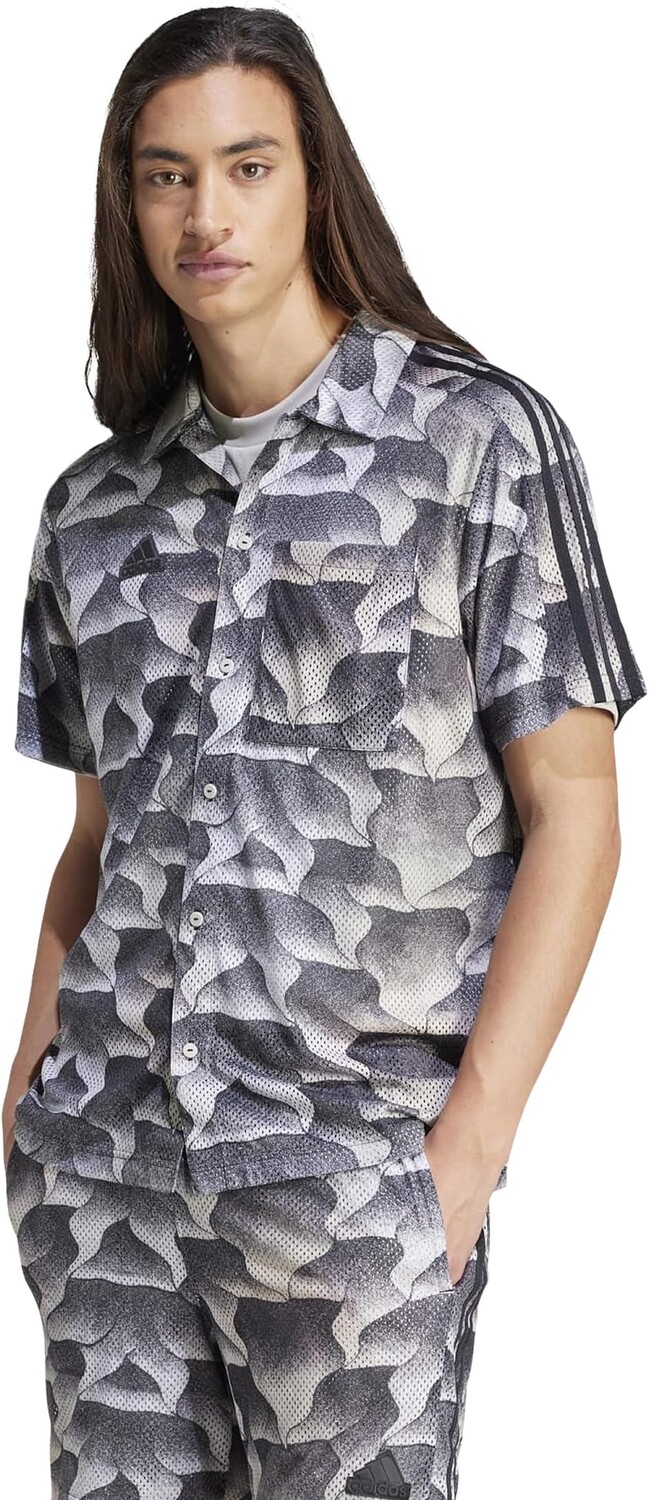 

Рубашка Adidas Tiro All Over Printed Mesh Resort Shirt, цвет Black/Putty Grey