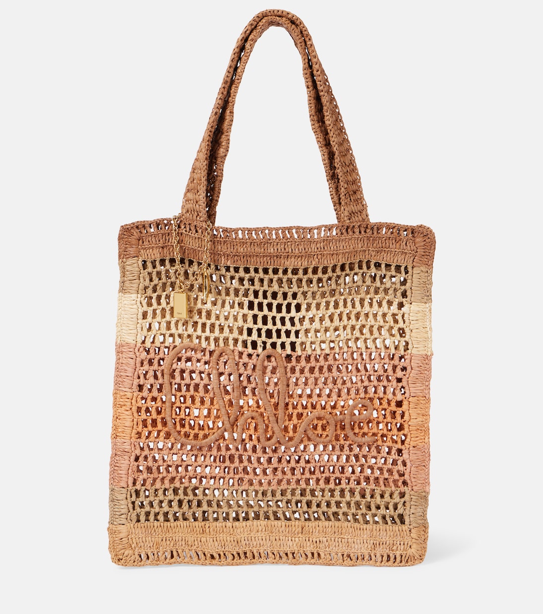 

Летняя полосатая банановая сумка-шоппер из рафии Chloé, Multicolor Beige