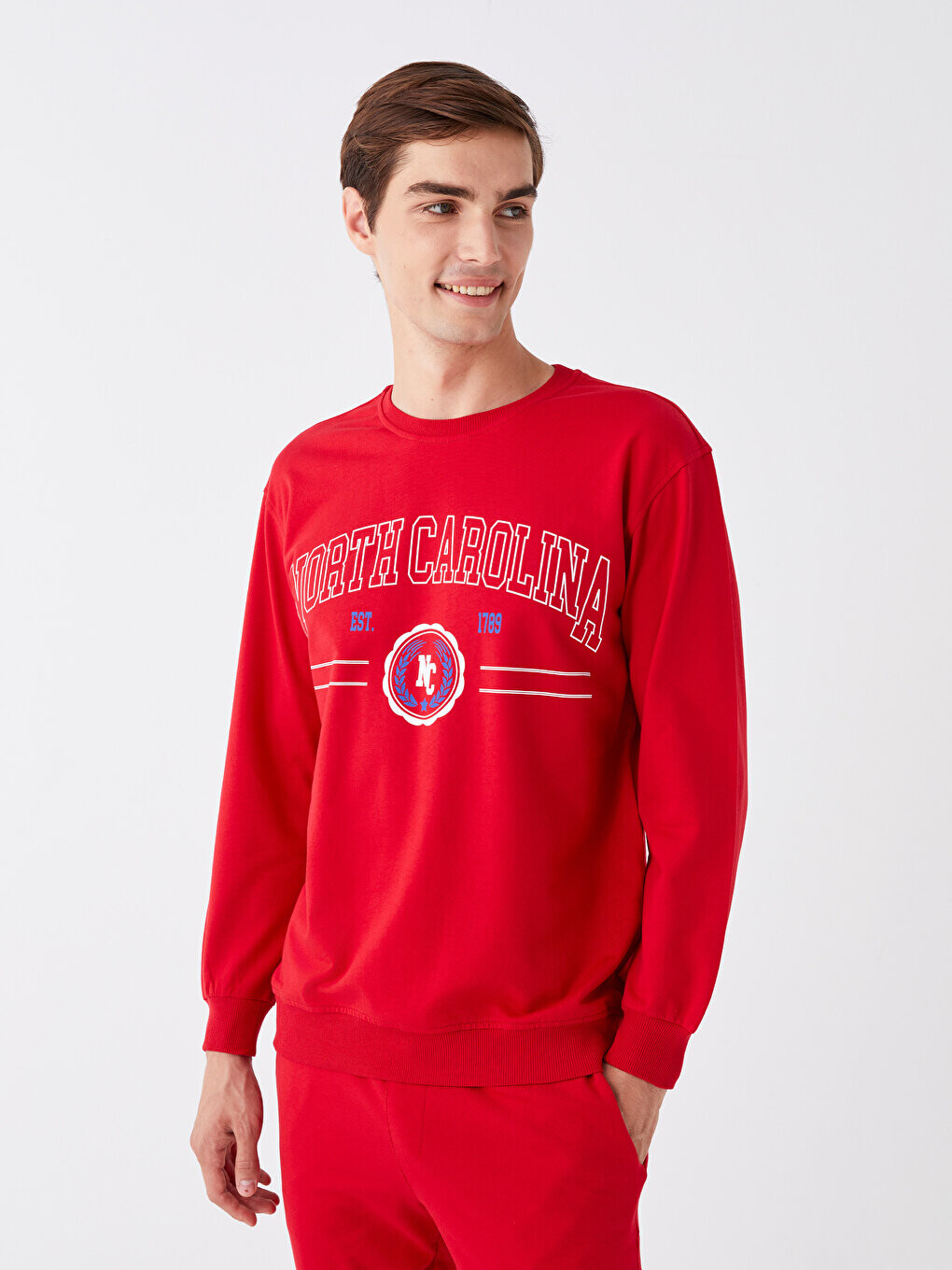 

Мужская толстовка с круглым вырезом и длинным рукавом с принтом CALİMERA MODA, красный