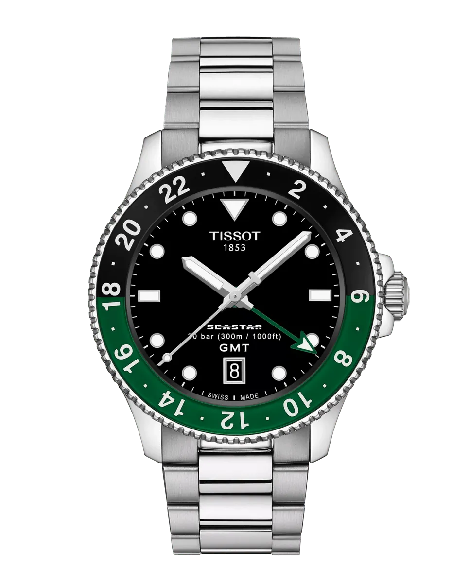 

Мужские кварцевые часы Seastar GMT из стали с зеленым циферблатом Tissot, серебряный