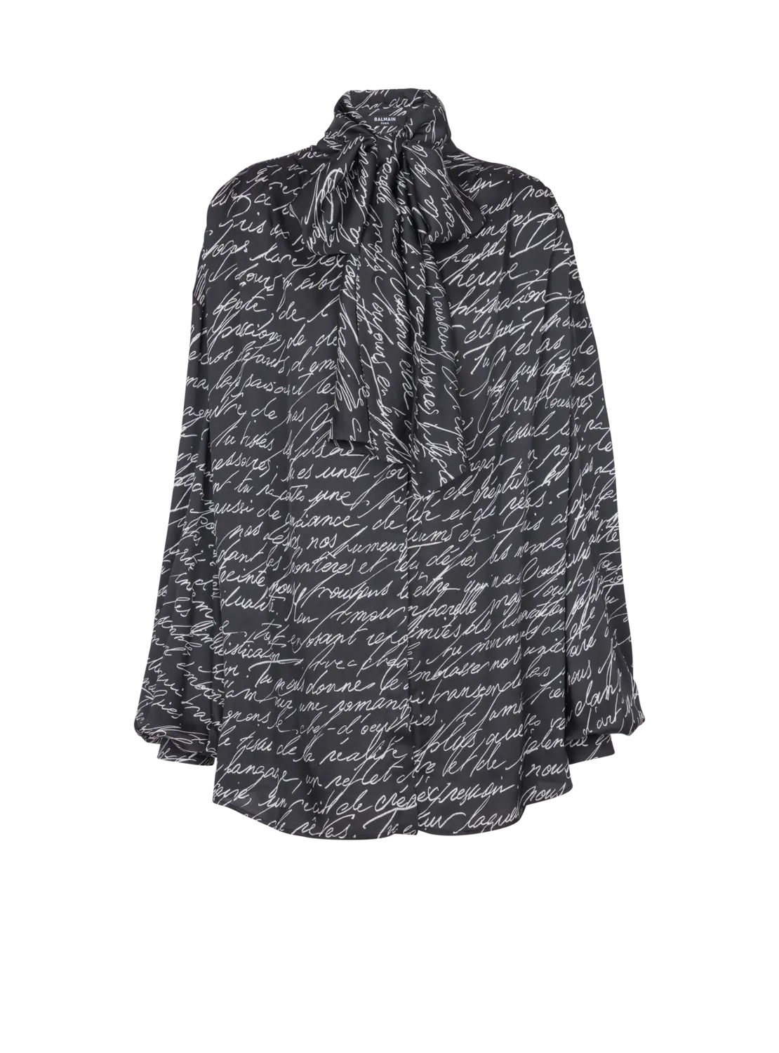 

Блуза с бантом на шее и принтом "Любовное письмо" Balmain, белый/черный