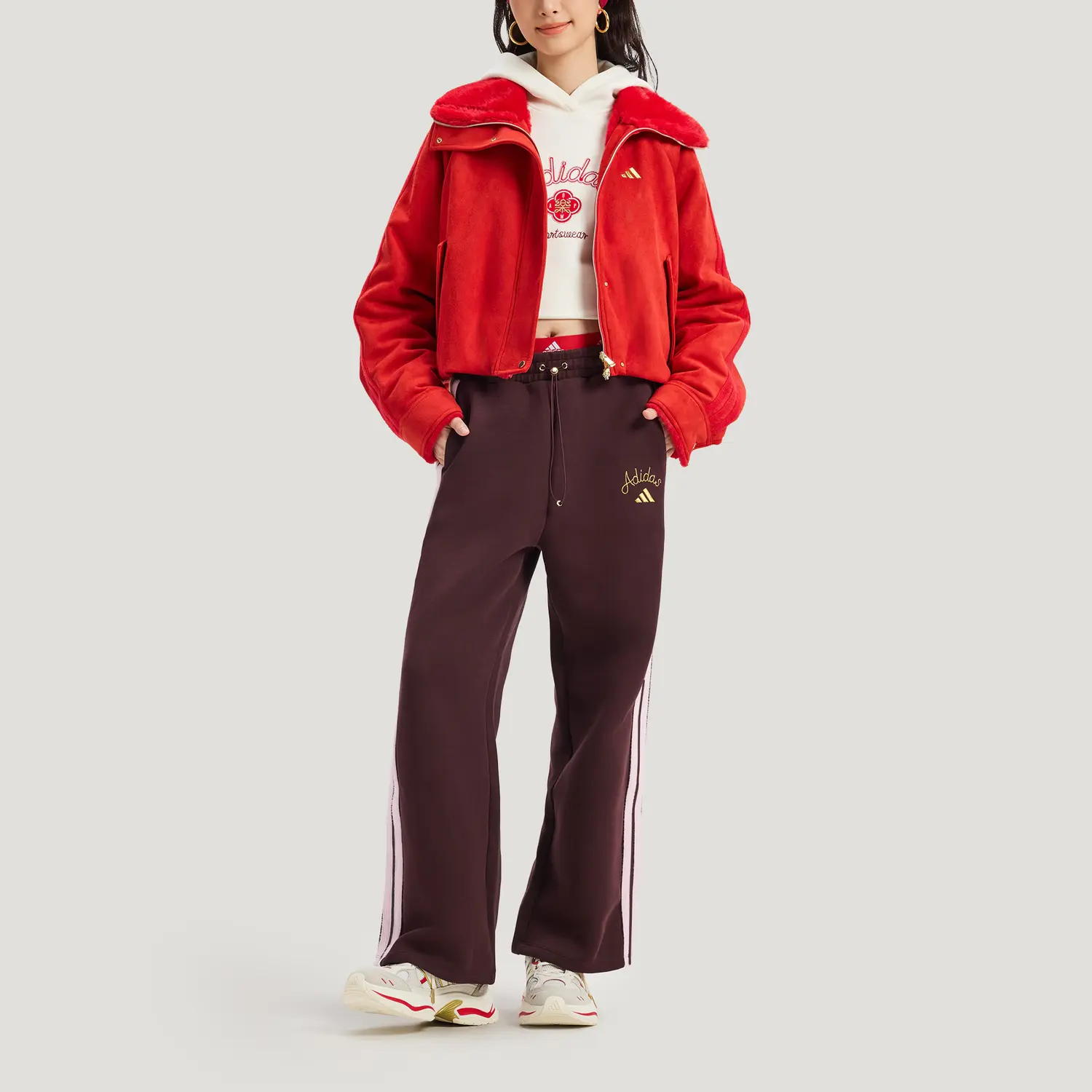 FW25 WIDE LEG KNIT Вязаные спортивные штаны женские Adidas, красный коричневый — фото 4