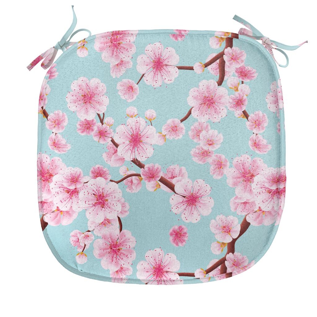 

ABAKUHAUS Cherry Blossom Подушка для обеденного стула Вдохновляющая садовая декоративная водонепроницаемая подушка с ремнями для кухонных сидений 40 см x 40 см Бледно-голубой Красный цвет Розовый