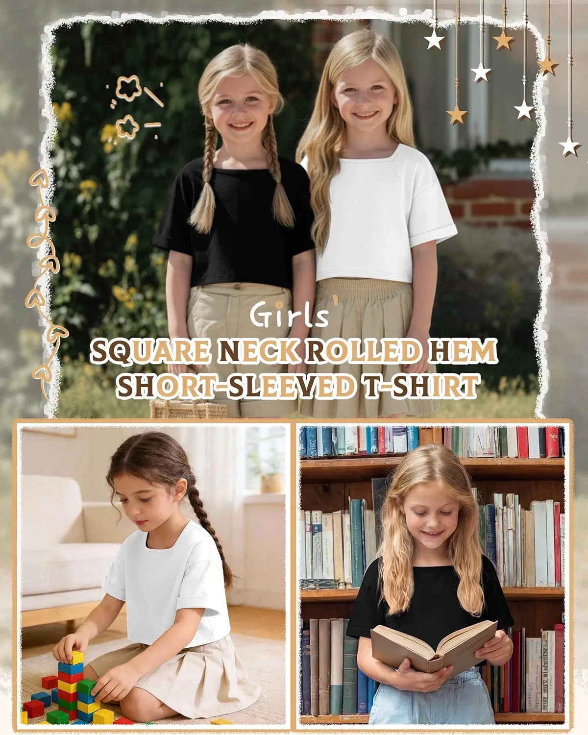 Набор из 3 детских топов оверсайз с квадратным вырезом, LessonZoo, Khaki, White, Black — фото 4