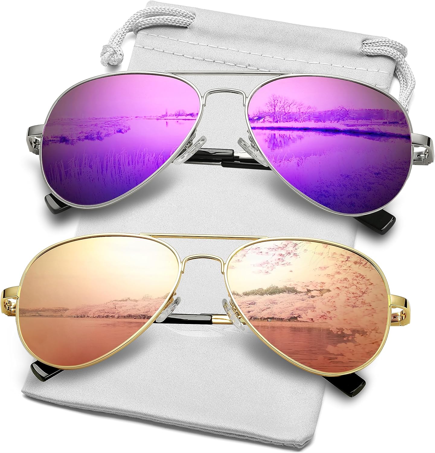 

Классические поляризованные солнцезащитные очки-авиаторы AIEYEZO для мужчин и женщин, с пружинным шарниром и металлической оправой, защита от УФ-излучения UV400, 2 Pack (Silver/Purple Mirror + Gold/Pink Mirror)