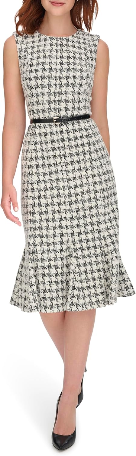 

Женское платье Tommy Hilfiger с пикселизированным узором «гусиная лапка» без рукавов и поясом, Black/Pearl