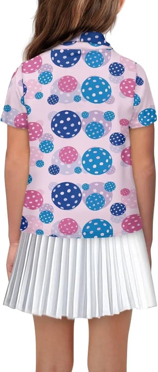 Детская рубашка-поло для гольфа с коротким рукавом Jekioweii, цвет Pink Pickleball Print, размеры 5-16 — фото 2