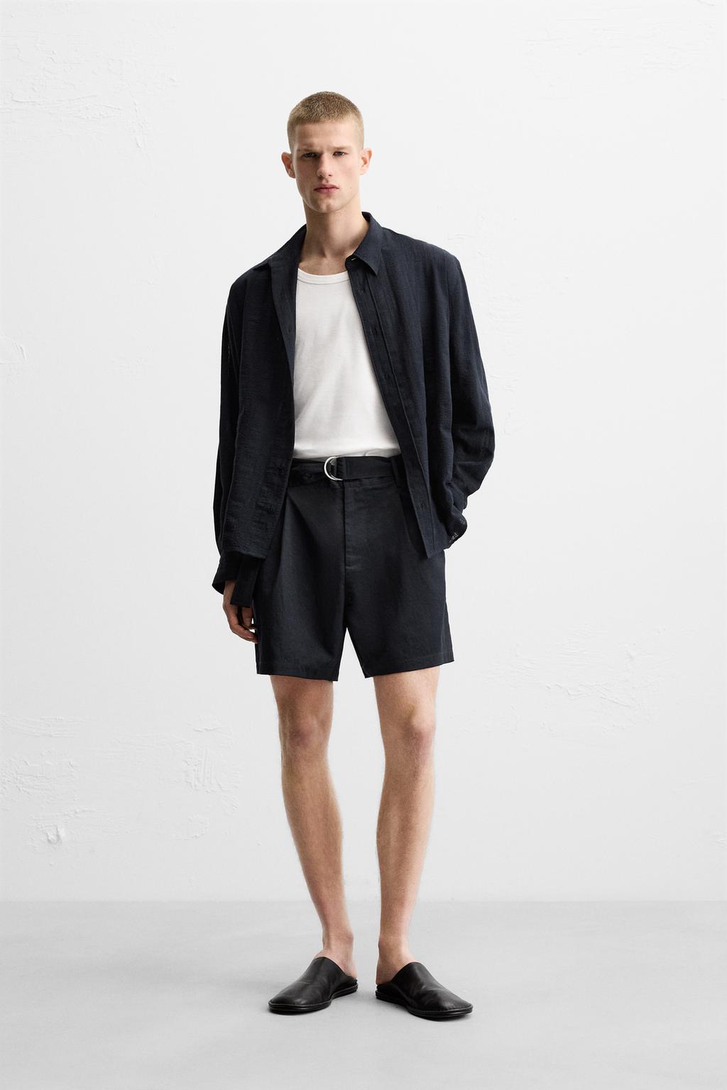 

Плиссированные шорты-бермуды с поясом ZARA, синий