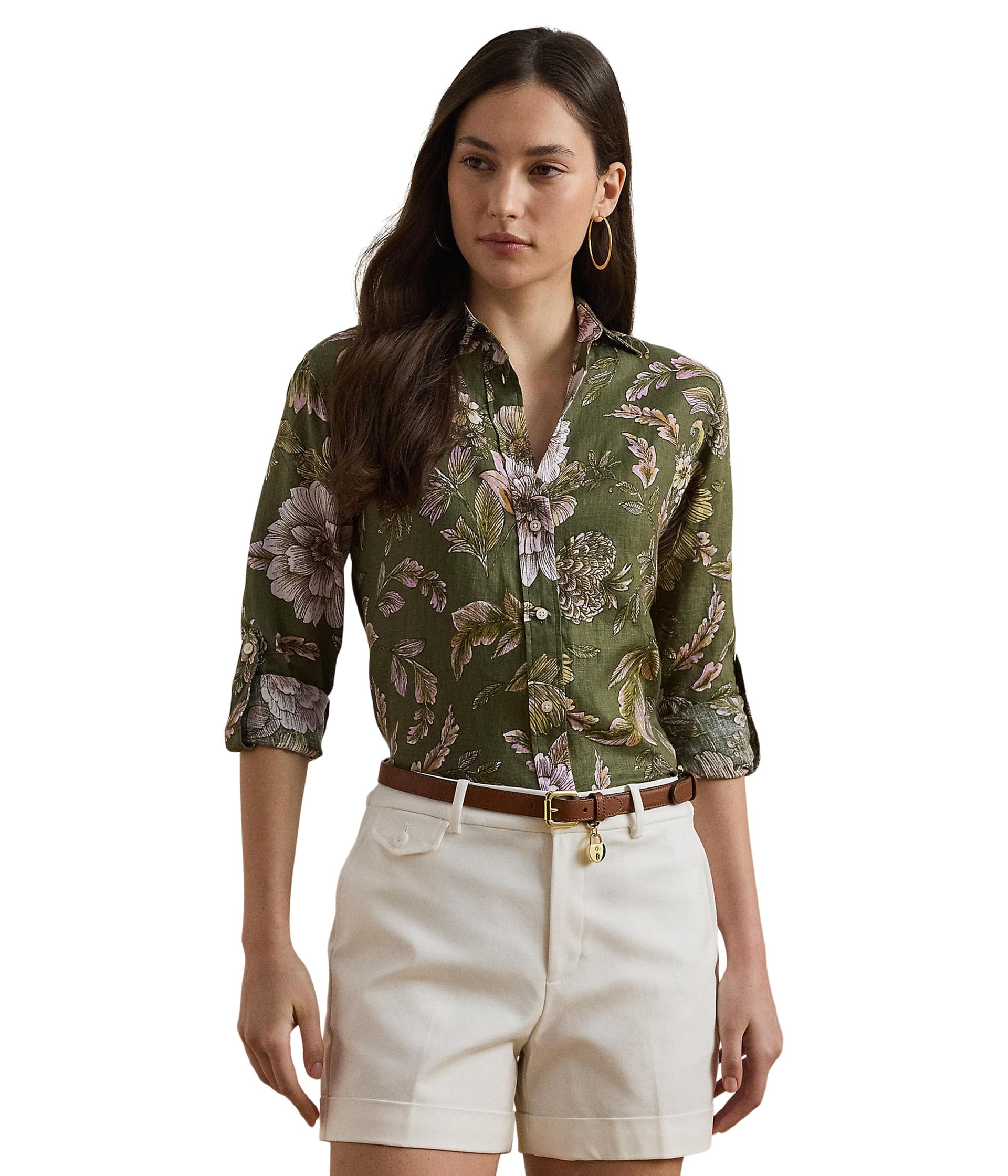

Рубашка Lauren Ralph Lauren Relaxed Fit Floral Linen Shirt, цвет Olive Multi