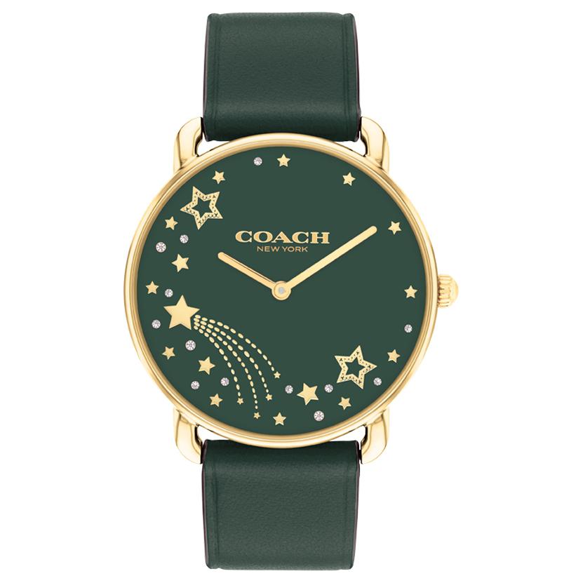 

COACH Часы Elliot Collection, кварцевый механизм, ремешок из натуральной кожи, диаметр 36 мм, зеленый циферблат, женские