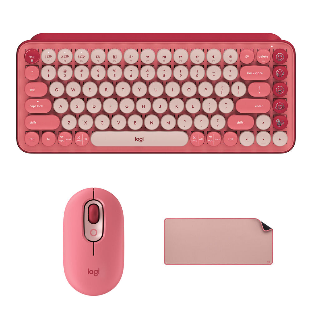 

Комплект из беспроводных клавиш Logitech POP Keys, бесшумной мыши и коврика для стола Studio (Heartbreaker Rose)