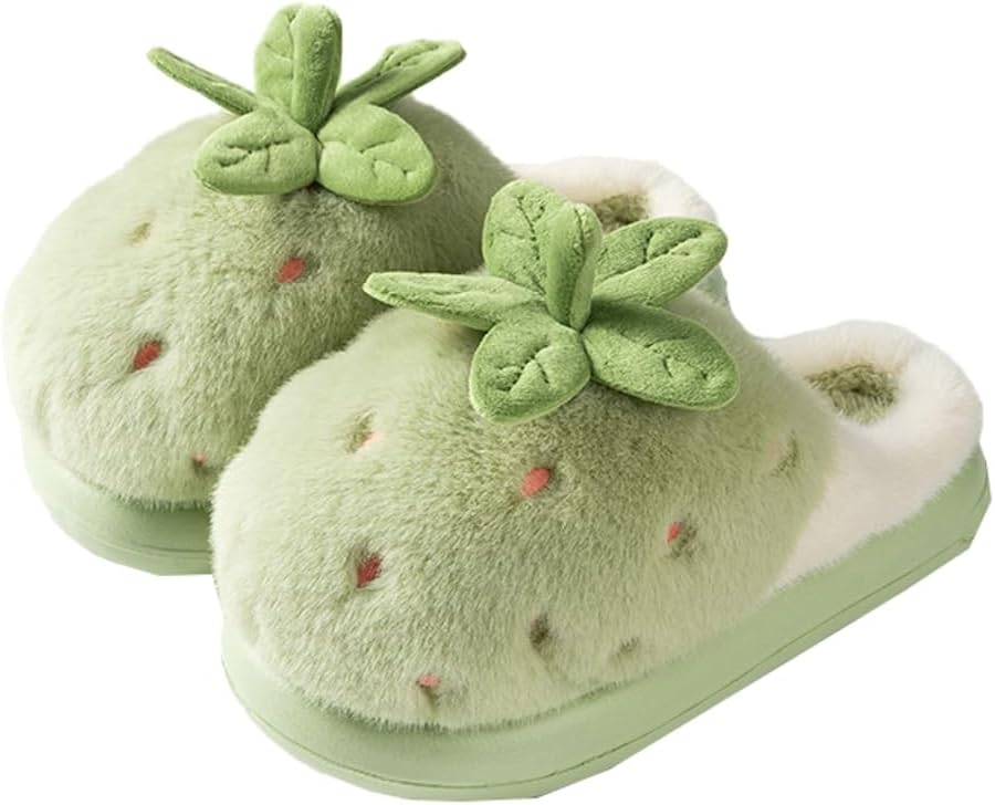 

Мягкие плюшевые тапочки с клубникой для женщин и мужчин, теплые зимние тапочки, парный стиль, милые домашние туфли Yafirgeer, зеленый