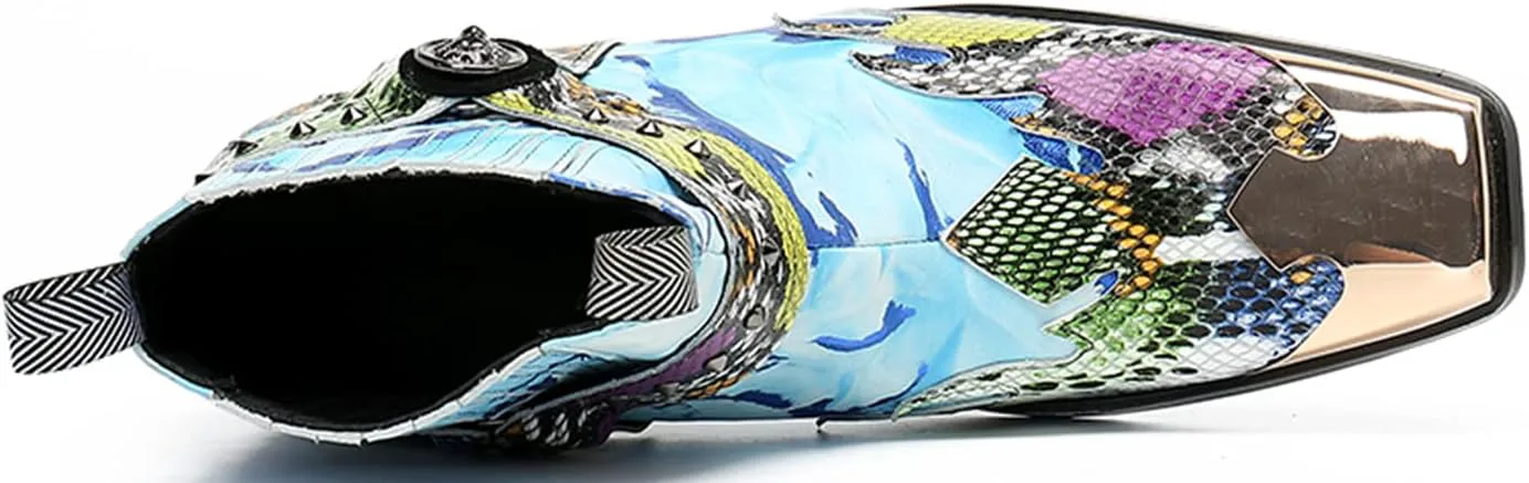 

Мужские повседневные ковбойские ботинки Chelsea Santimon - кожаные западные ботинки средней высоты с металлическим квадратным носком для свадеб и вечеринок, певцов, синий