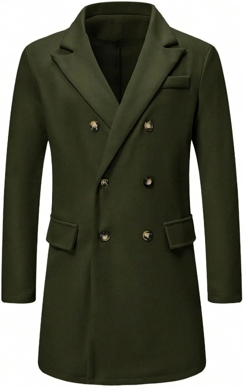 Мужское двубортное пальто pea coat из смесовой шерсти с отложным воротником, тренчкот, повседневная мода, куртка средней длины Generic, зеленый — фото 4