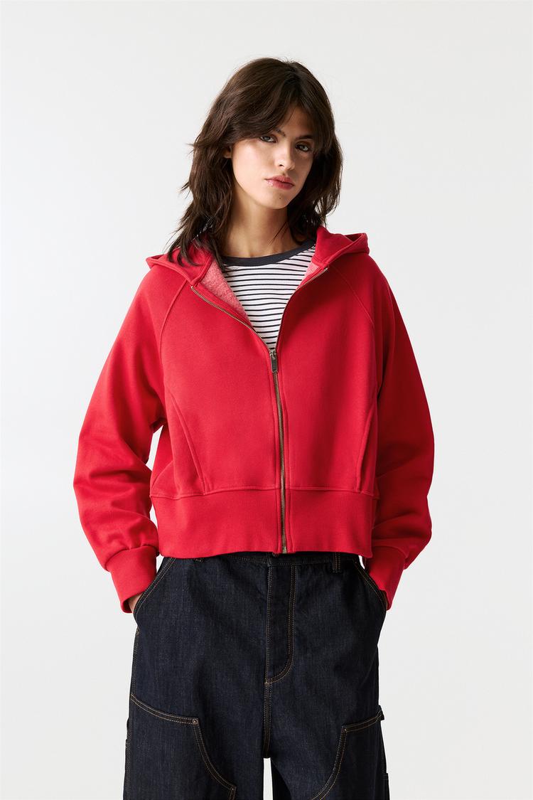 

Толстовка с капюшоном на молнии с рубчиком Pull And Bear, красный