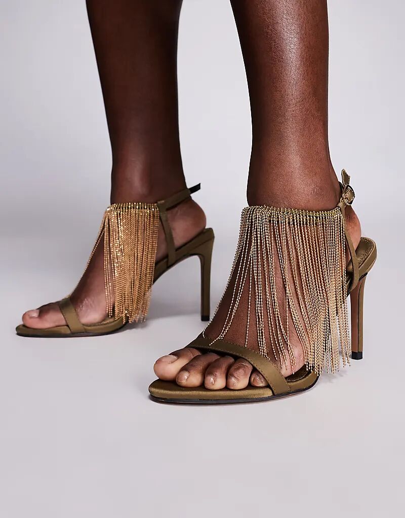 Босоножки Noelle на высоком каблуке с бахромой от ASOS DESIGN из оливкового атласа
