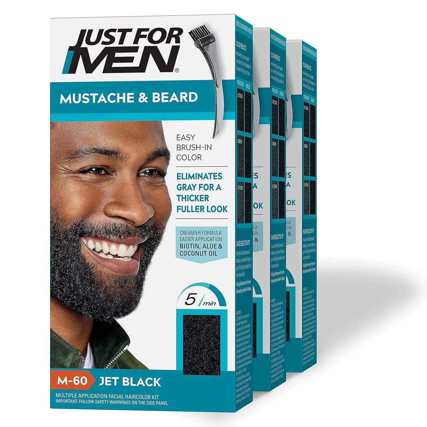 Just For Men Mustache & Beard, краситель для бороды с кистью - Jet Black, M-60, набор из 3 шт и Easy Comb-In Color, краситель для волос для мужчин, легкое нанесение без смешивания с аппликатором-расческой 1 шт. (3 шт.), Jet Black M-60 — фото 2