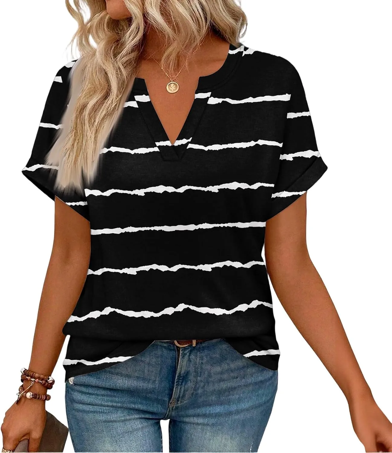 

FQZWONG Женские модные топы с V-образным вырезом и коротким рукавом