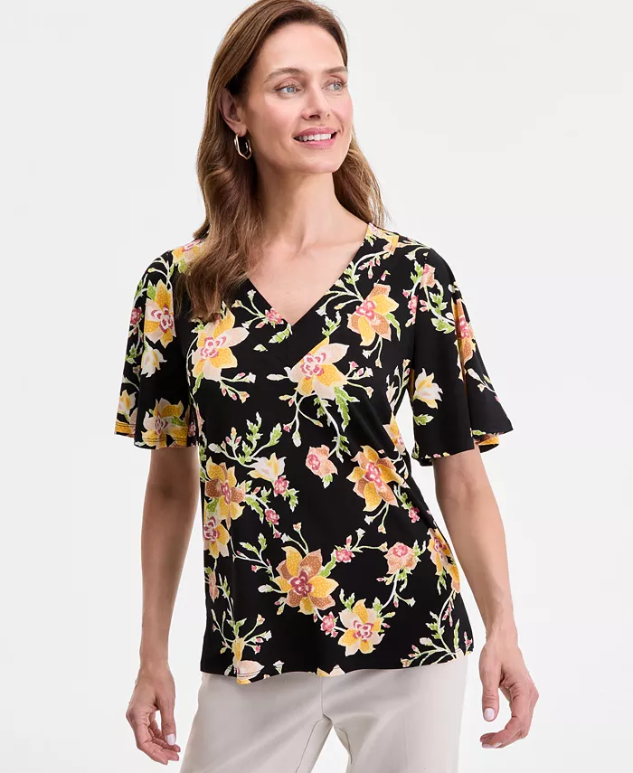 

Женский трикотажный топ с V-образным вырезом и короткими рукавами JM Collection, черный