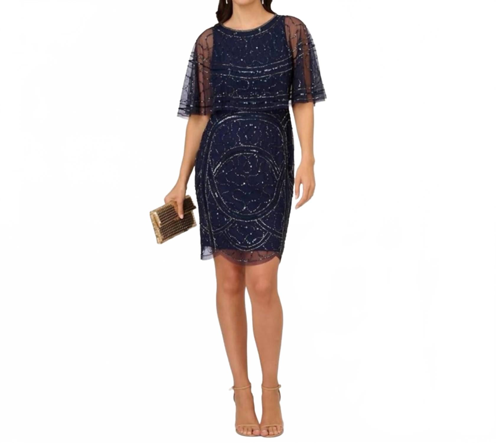 

Сияющее платье с бусинами и сеткой в цвете Navy Adrianna Papell