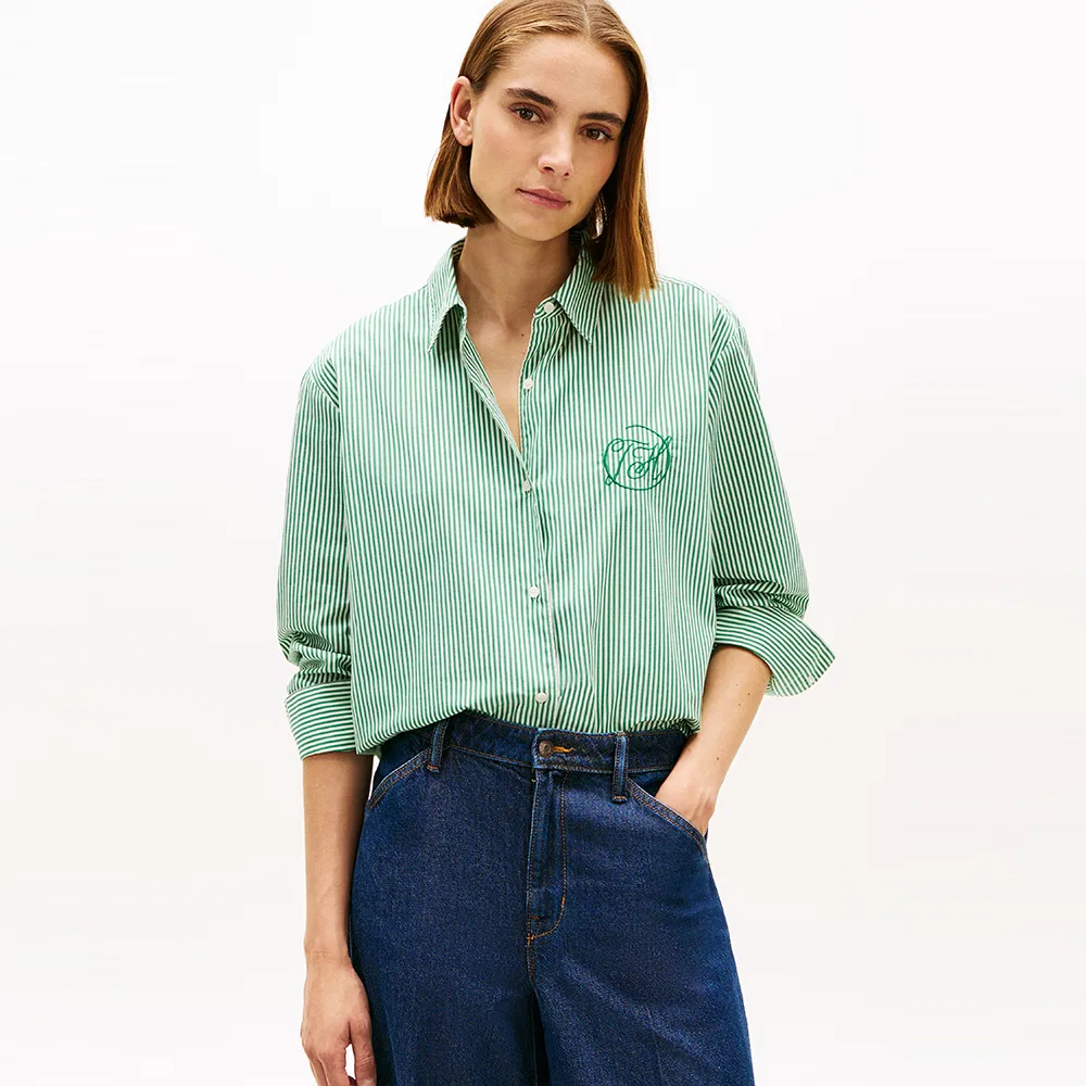 Женская хлопковая рубашка в полоску, зелёная, от Tommy Hilfiger Women