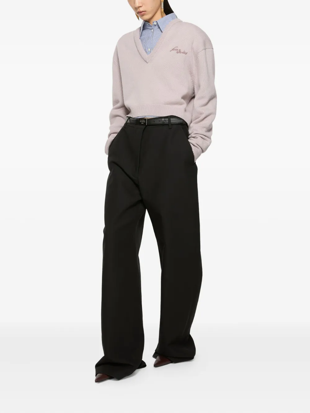Вязаный свитер с вышивкой и V-образным вырезом Acne Studios, нейтральный — фото 2