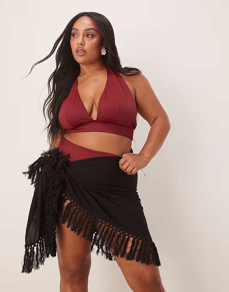 

Пляжный саронг ASOS DESIGN Curve с бахромой черного цвета ASOS Curve
