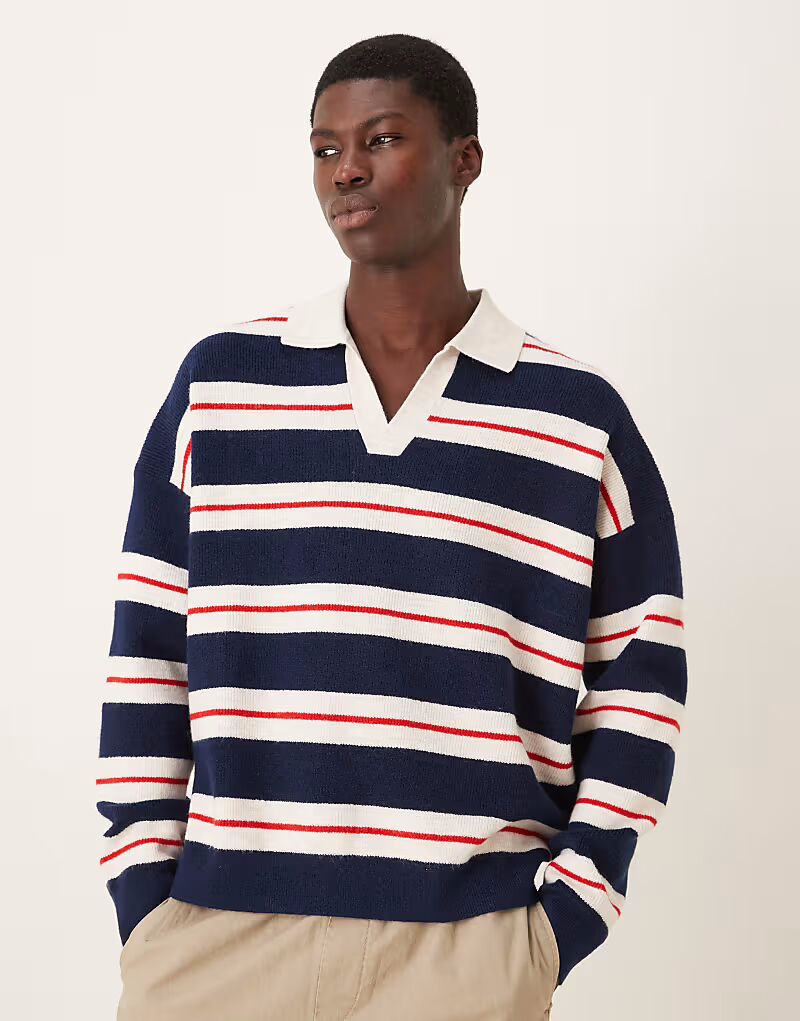 

Свободный трикотажный поло свободного кроя с вырезом на горловине в бежевую полоску Asos Design