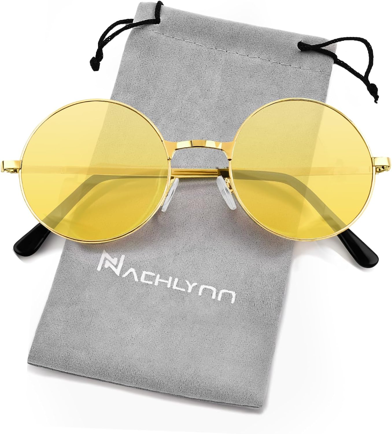 

NACHLYNN Круглые солнцезащитные очки в стиле хиппи с металлическим ободком, защита UV380, солнцезащитные очки 70-х годов для мужчин и женщин, подарок на вечеринку, Yellow