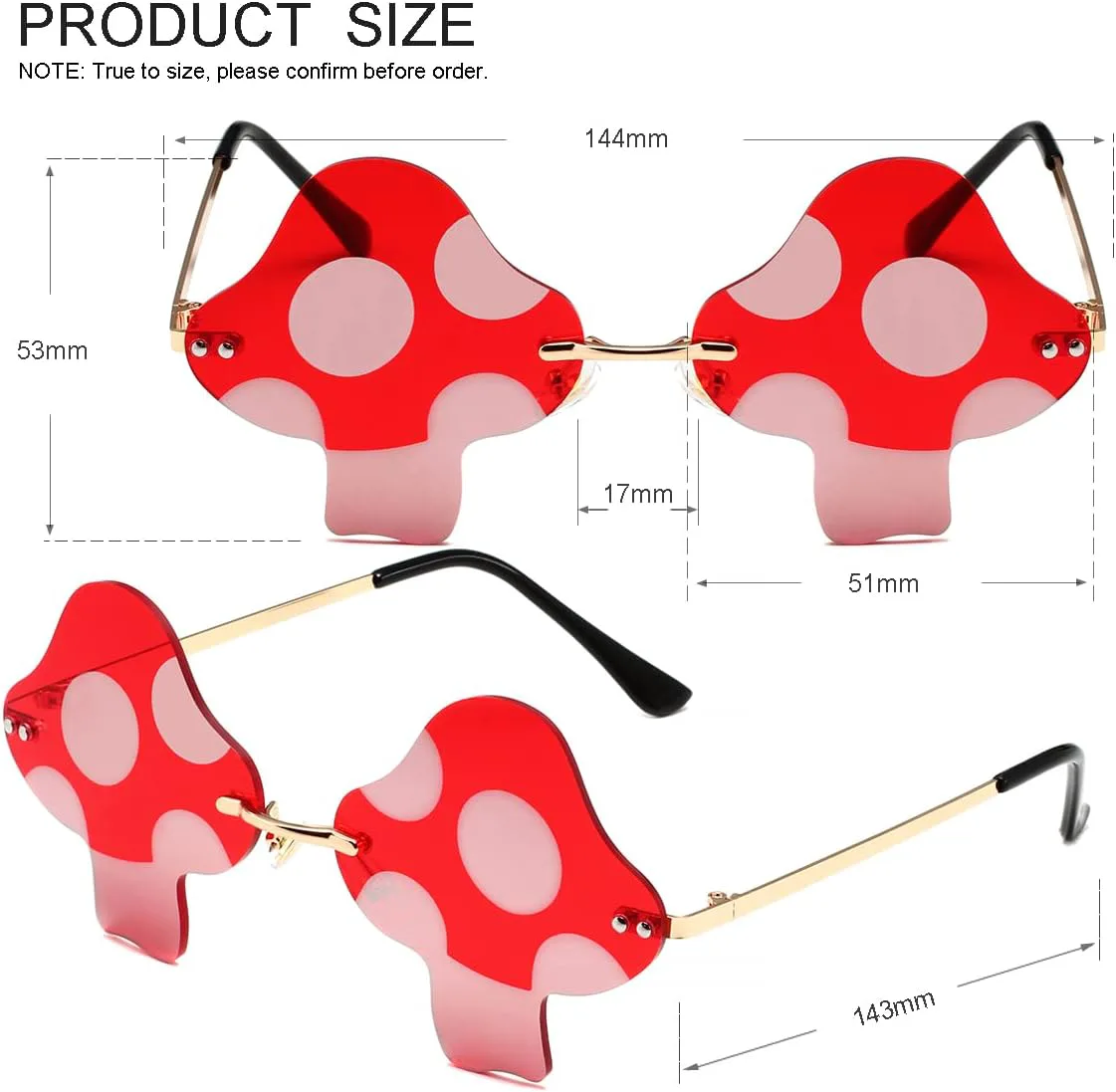 

Солнцезащитные очки JOVAKIT в форме гриба для женщин и мужчин, винтажные, без оправы, в стиле ретро, ​​для рейв-вечеринок и Хэллоуина, Two Pack: (Gold/Red+gold/Grey)