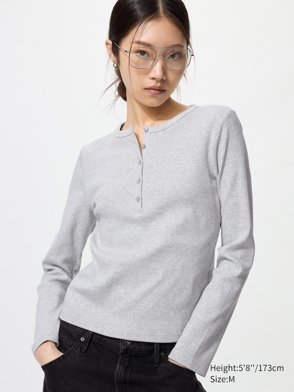 

Рифленая футболка хенли с длинным рукавом Uniqlo, 02 light grey, Серый, Рифленая футболка хенли с длинным рукавом Uniqlo, 02 light grey