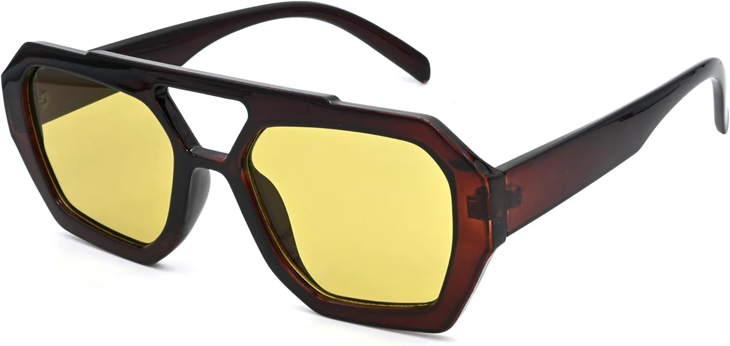 

Модные шестиугольные солнцезащитные очки-авиаторы Onrtry для женщин, толстая квадратная оправа, двойная перемычка, A05 Transparent Brown Frame/Green Yellow Lens