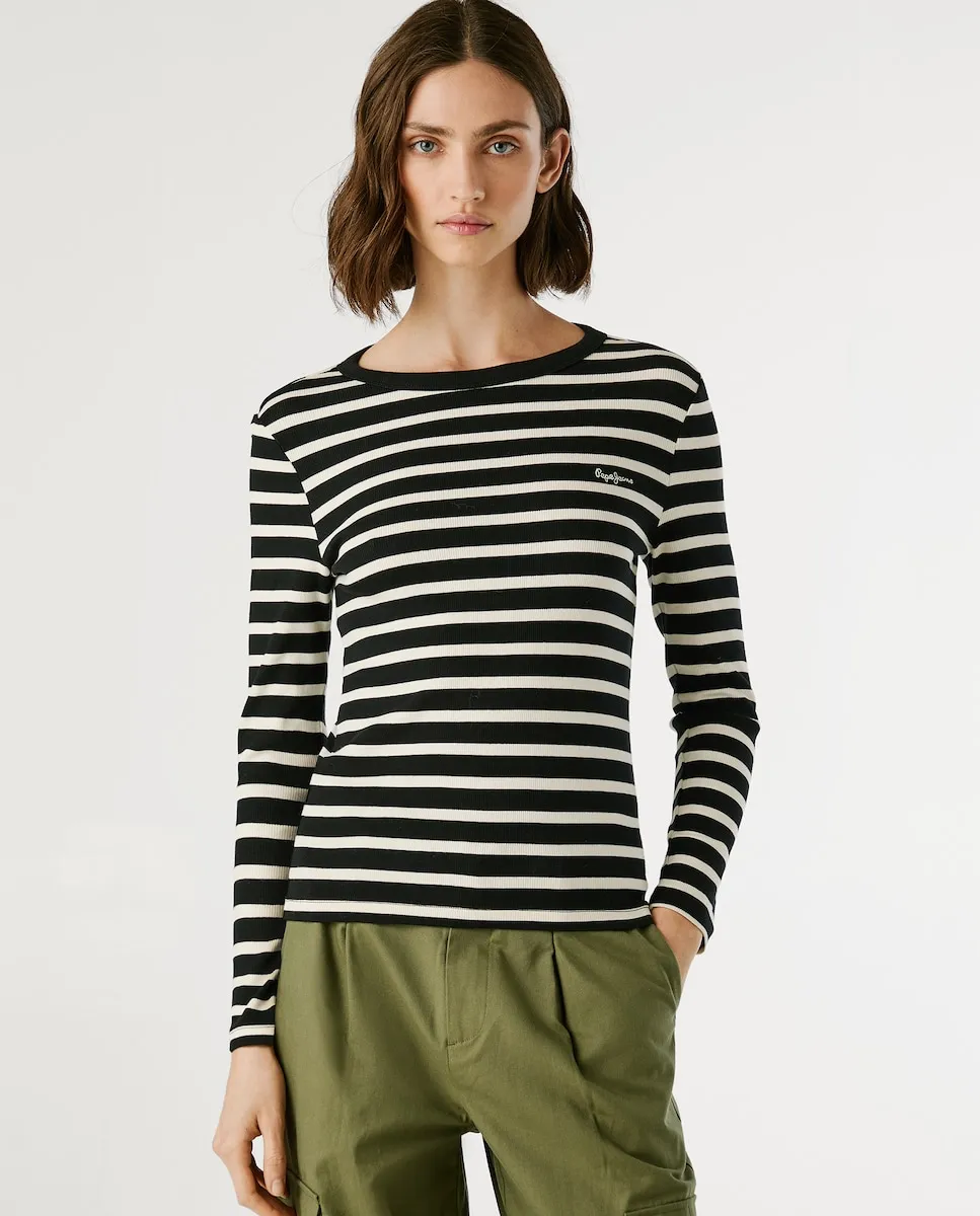 

Женская футболка с рубчатой тканью и полосатым принтом Pepe Jeans, черный