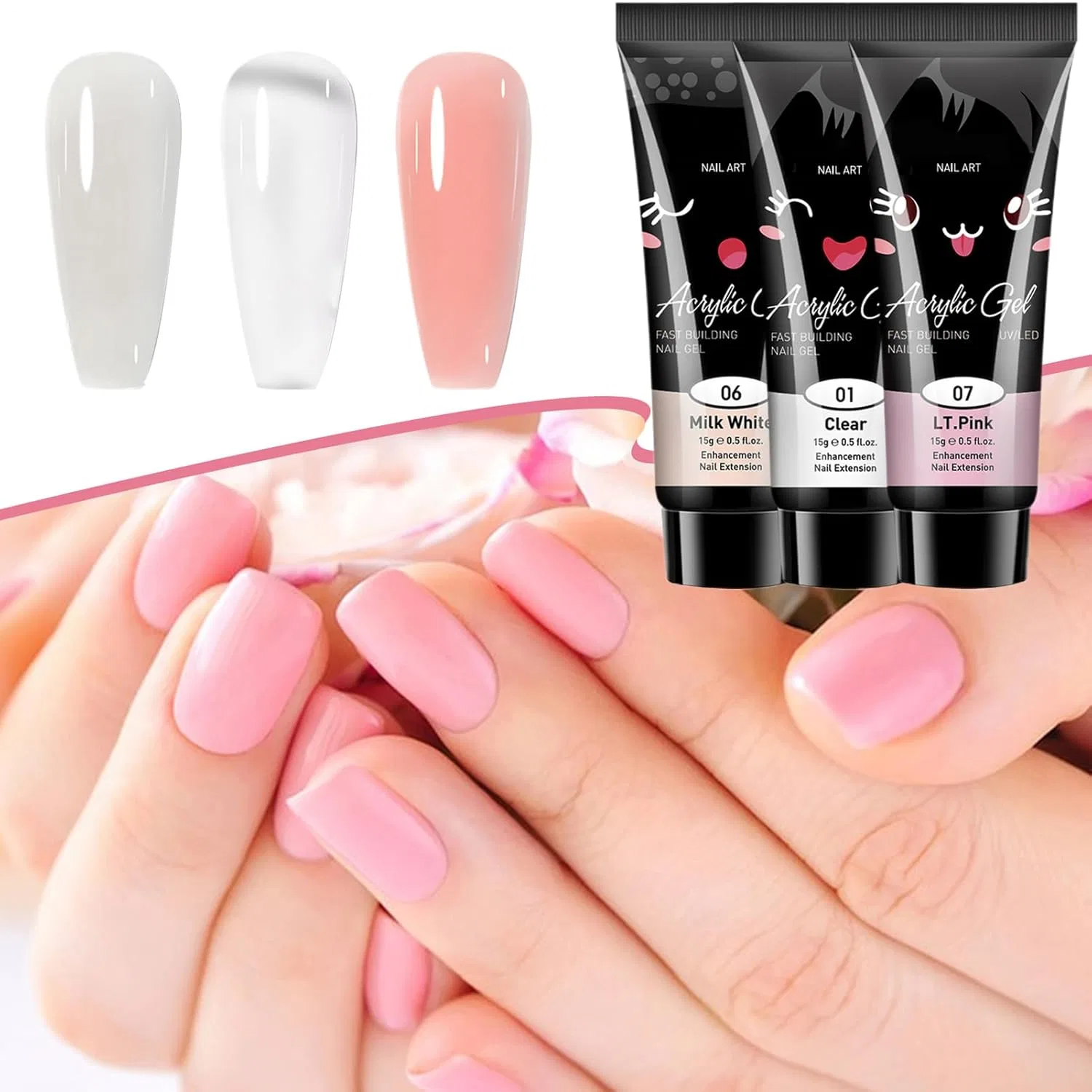 Набор для наращивания ногтей Poly Extension Gel, 3 цвета с УФ-лампой Wusideday — фото 2
