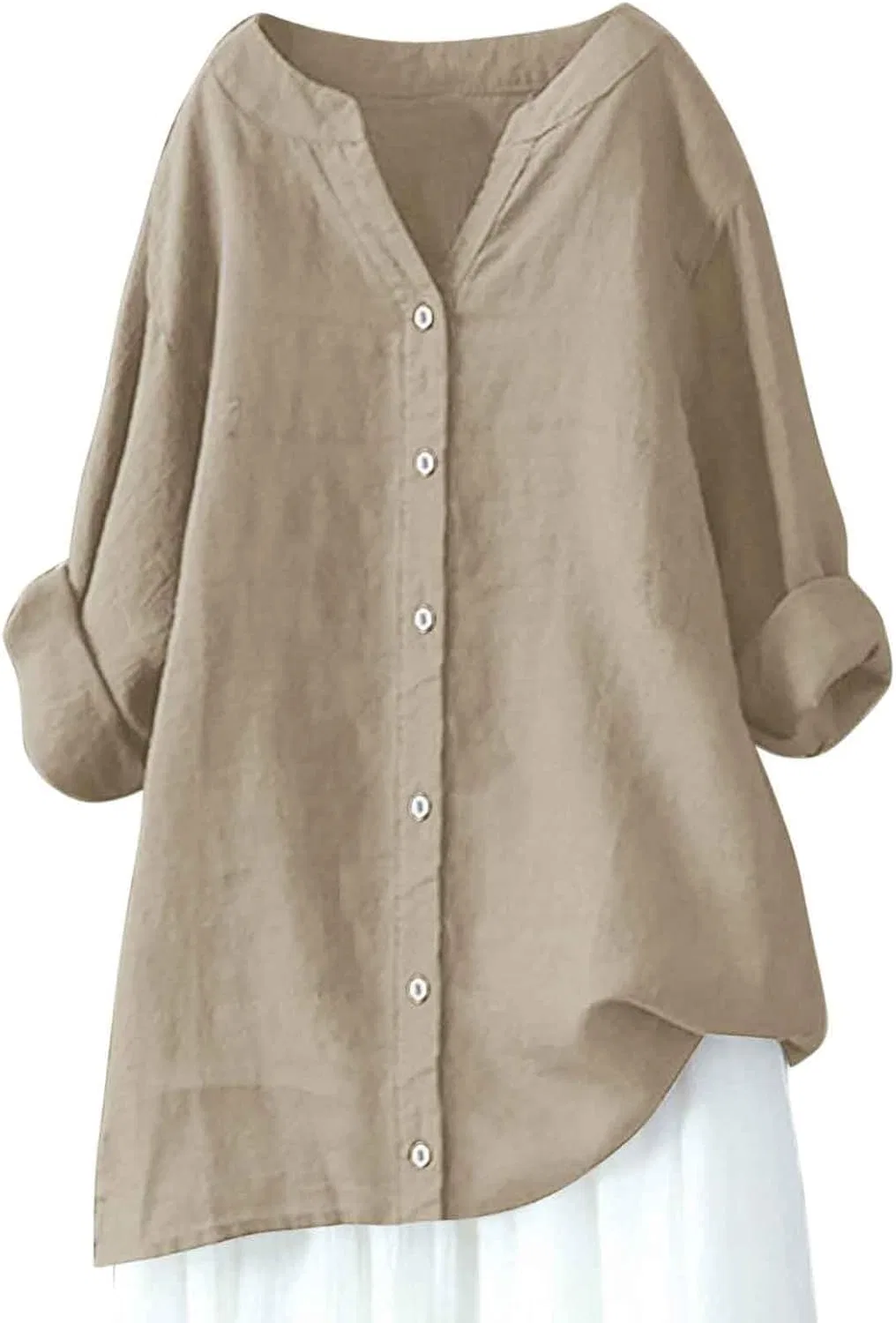 Блуза свободного кроя, Oversized Women Loose Button Down Blouse, Khaki — фото 2